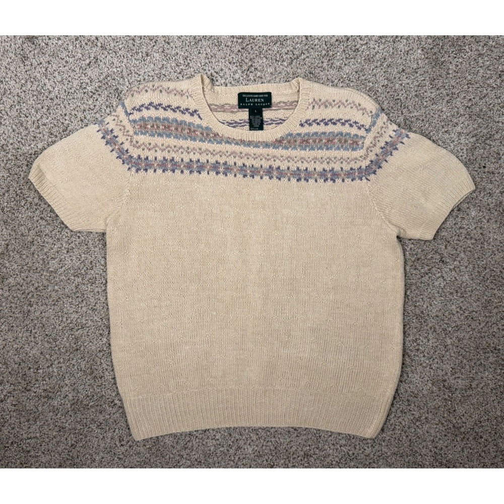 Lauren Ralph Lauren Sweater Hand Knit Linen Cotton L Tan Fair Isle Short‎ Sleeve